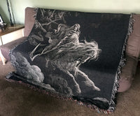 dark woven blanket with gustave dore art on it, gothic decor for home