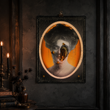 A framed surreal portrait art print hangs on a dark textured wall beside a candlelit table with books and a vase. The artwork shows a woman's face inside an oval frame, with one eye open and a dark spiral-like structure replacing the other side, set against a vivid orange background.