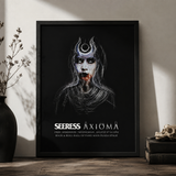 A framed black poster featuring a stylized white line-art portrait of a woman with a crescent moon on her forehead and the text 'SEERESS AXIOMA' at the bottom, leaning against a wall on a wooden surface with a vase and books nearby.
