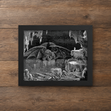 A framed black and white gothic art print depicting Satan in a cave thinking, displayed on a rustic wooden background.