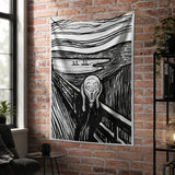 Black and white expressionist scream wall tapestry featuring a haunting surreal landscape, printed on lightweight polyester fabric.