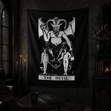 The Devil XV tarot card black and white wall tapestry with occult-inspired artwork.