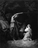 witch, raising her arm above a flaming cauldron, recites a spell; a young woman kneels in front of the cauldron